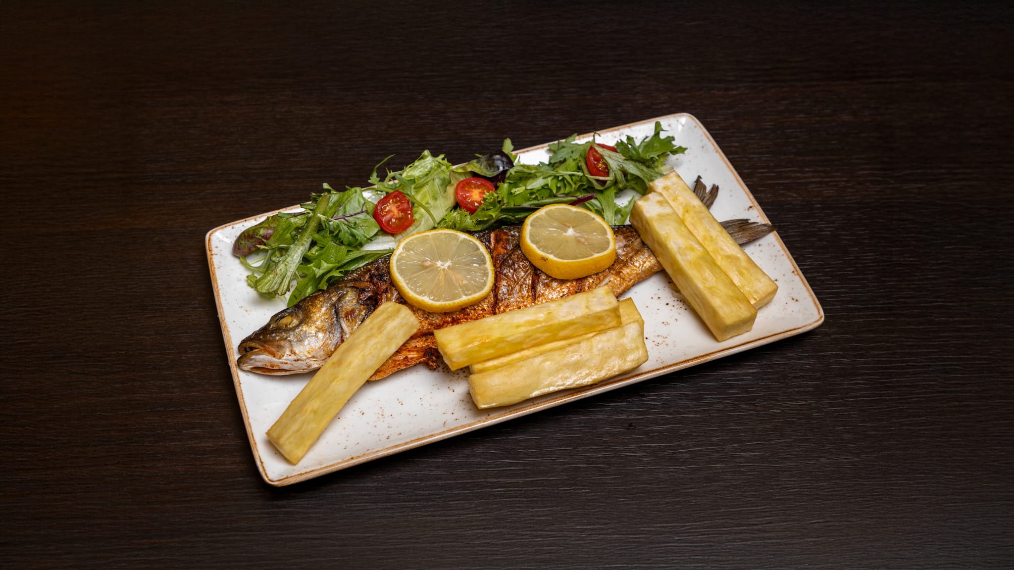 Grilled Sea Bass with Yam Chips